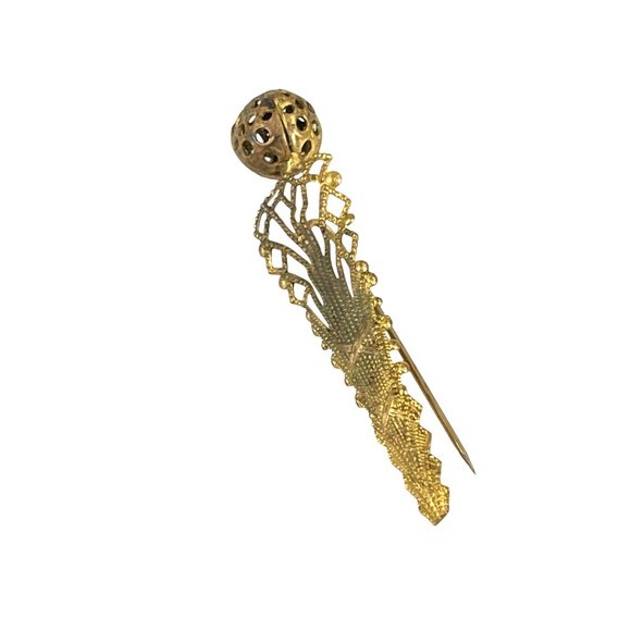 Art Deco Gold Tone Filigree Hat Pin Brooch With Ornate Design & Sphere Top - Picture 4 of 8